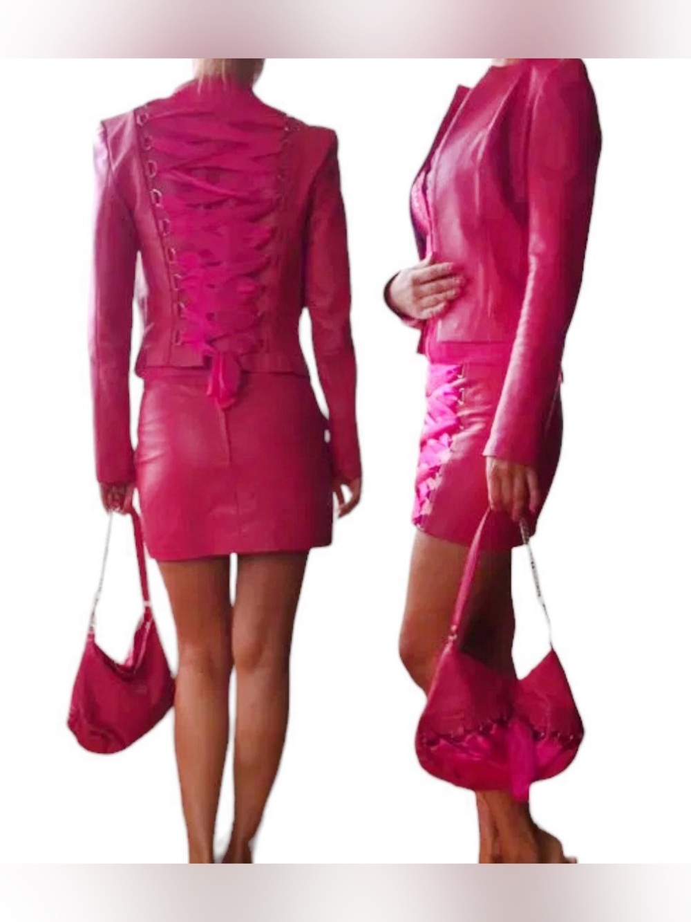 Women's Hot Pink Genuine Soft Leather Lace-Up Jacket - Skirt - Purse Set